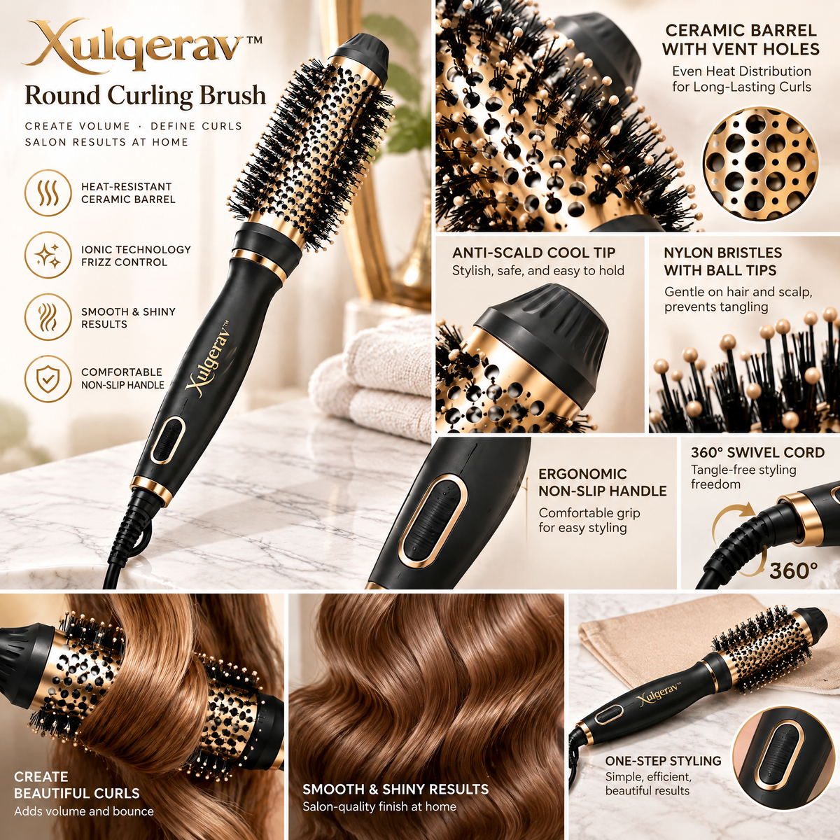 Xulqerav™ Thermal Round Curling Brush – Ceramic Heated Volumizer &amp; Styling Brush for Defined Curls, Frizz Control &amp; Salon Blowouts