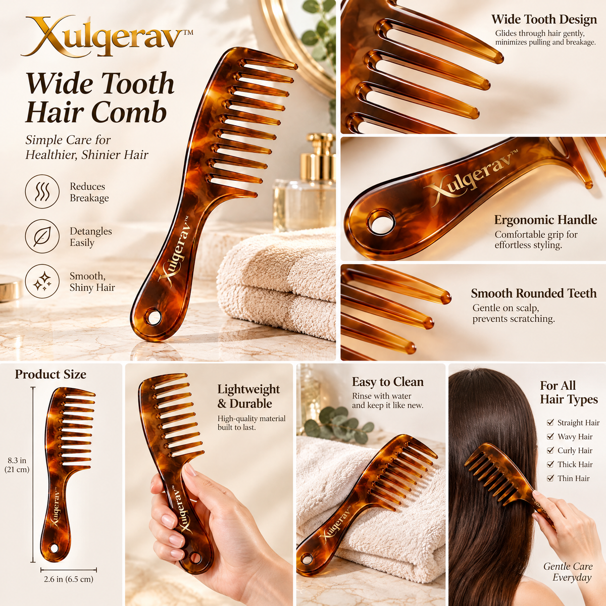 Xulqerav™ Wide Tooth Detangling Hair Comb with Handle – Tortoiseshell Anti-Breakage Styling Comb for Wet &amp; Dry, Curly, and Thick Hair