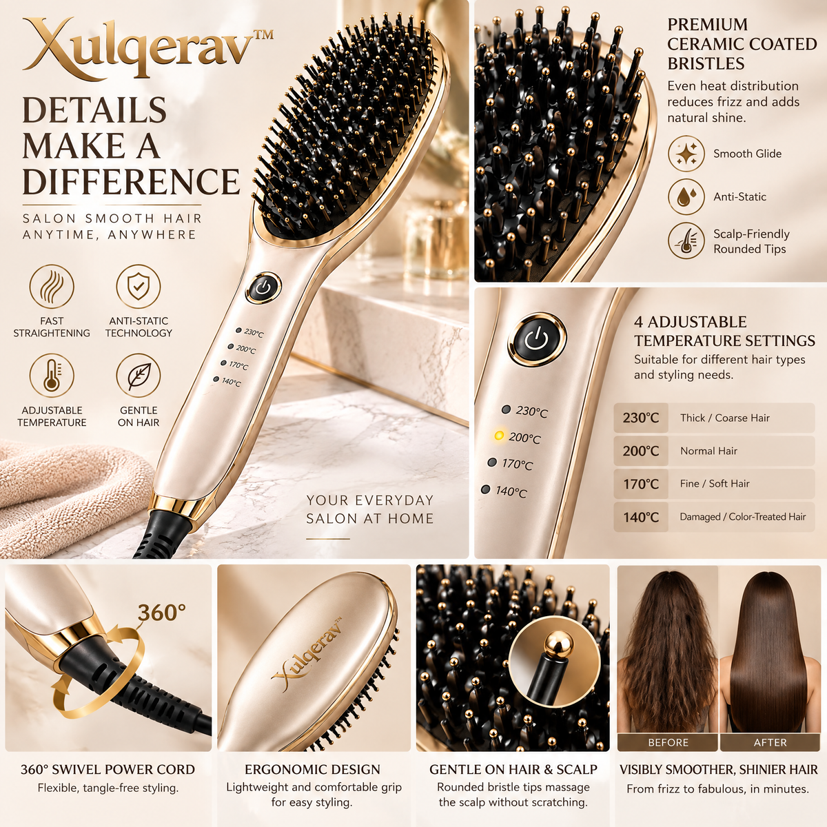 Xulqerav™ Heated Hair Straightening Brush – Fast Ceramic Heating with 4 Adjustable Temperatures &amp; Anti-Static Bristles (Champagne Gold)