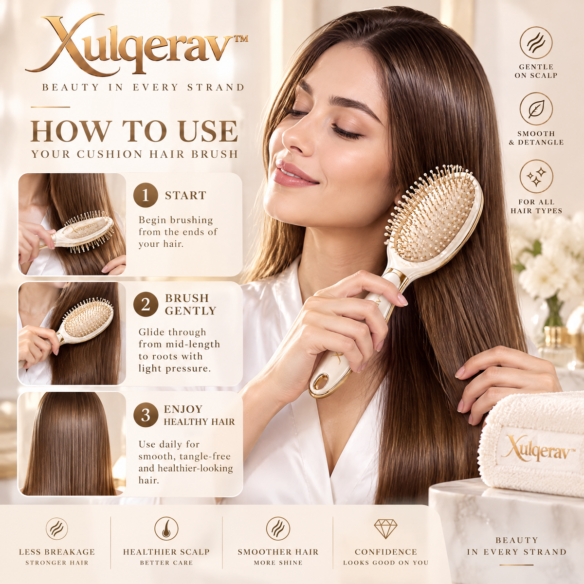 Xulqerav™ Premium Cushion Hair Brush – Gentle Detangling &amp; Scalp Massage Paddle Brush for All Hair Types (Pearl White &amp; Gold)