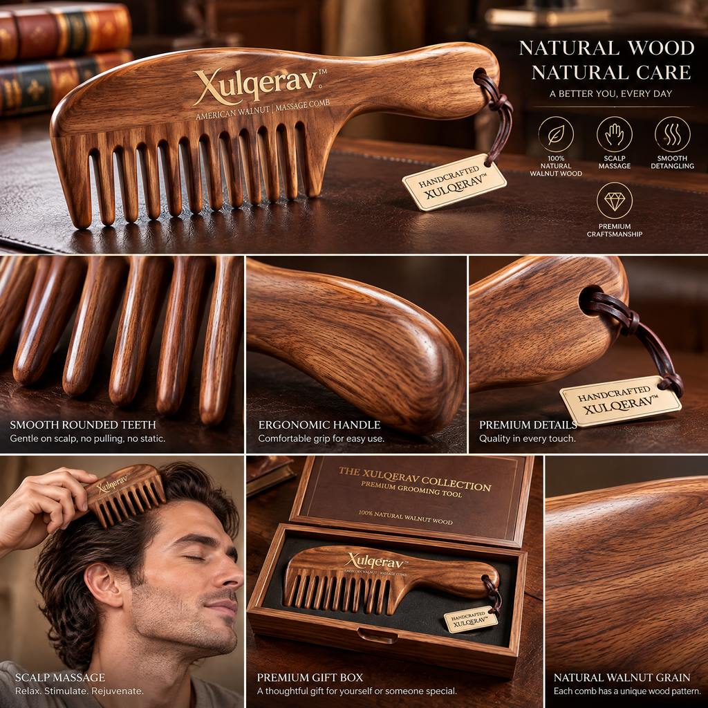 Xulqerav™ Handcrafted American Walnut Wide-Tooth Massage Comb – Anti-Static Detangling Hair &amp; Beard Comb with Premium Wooden Gift Box
