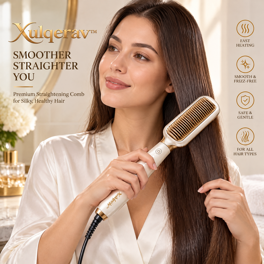 Xulqerav™ Premium Heated Straightening Brush – Fast Heating Anti-Scald Smoothing Comb for Frizz-Free, Silky Hair