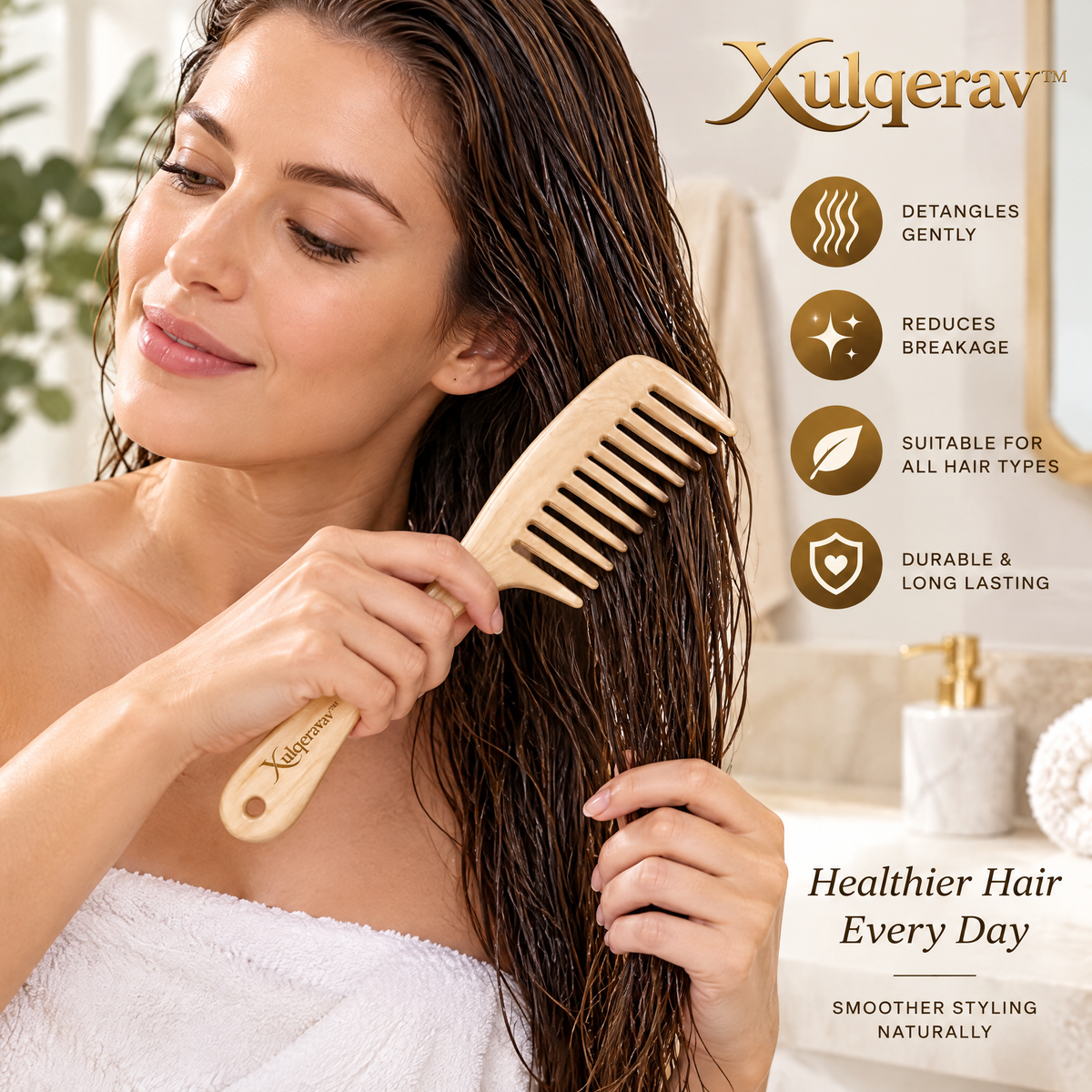 Xulqerav™ Premium Wide Tooth Hair Comb – Gentle Detangling Comb for Wet &amp; Dry Hair, Anti-Breakage Styling Comb for Curls, Waves &amp; Thick Hair