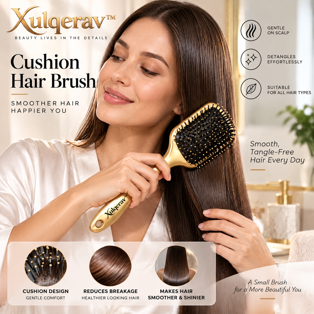 Xulqerav™ Luxury Cushion Hair Brush – Gentle Detangling Paddle Brush for Scalp Massage &amp; All Hair Types (Champagne Gold)
