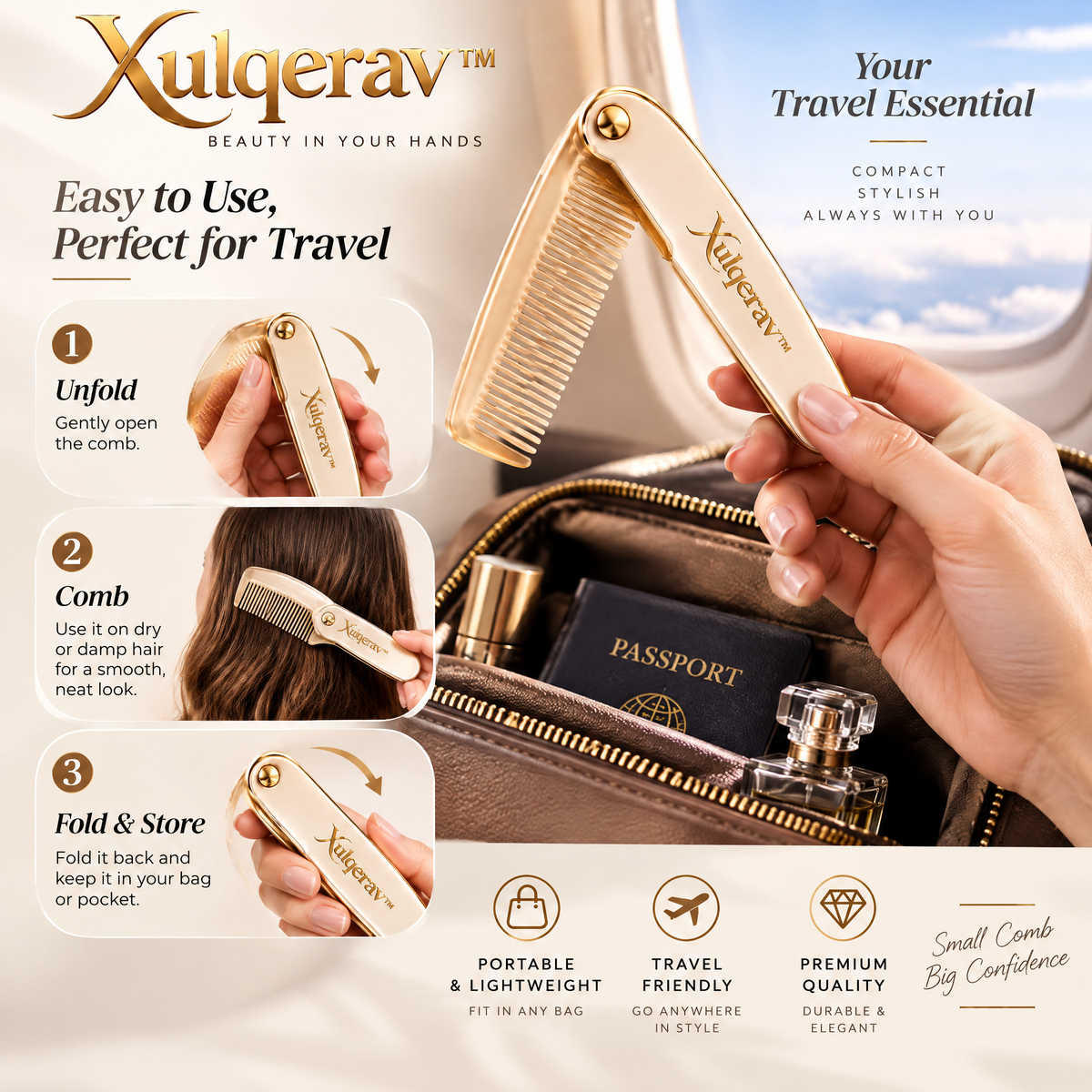 Xulqerav™ Foldable Travel Comb – Premium Compact Pocket Hair Comb for On-the-Go Styling