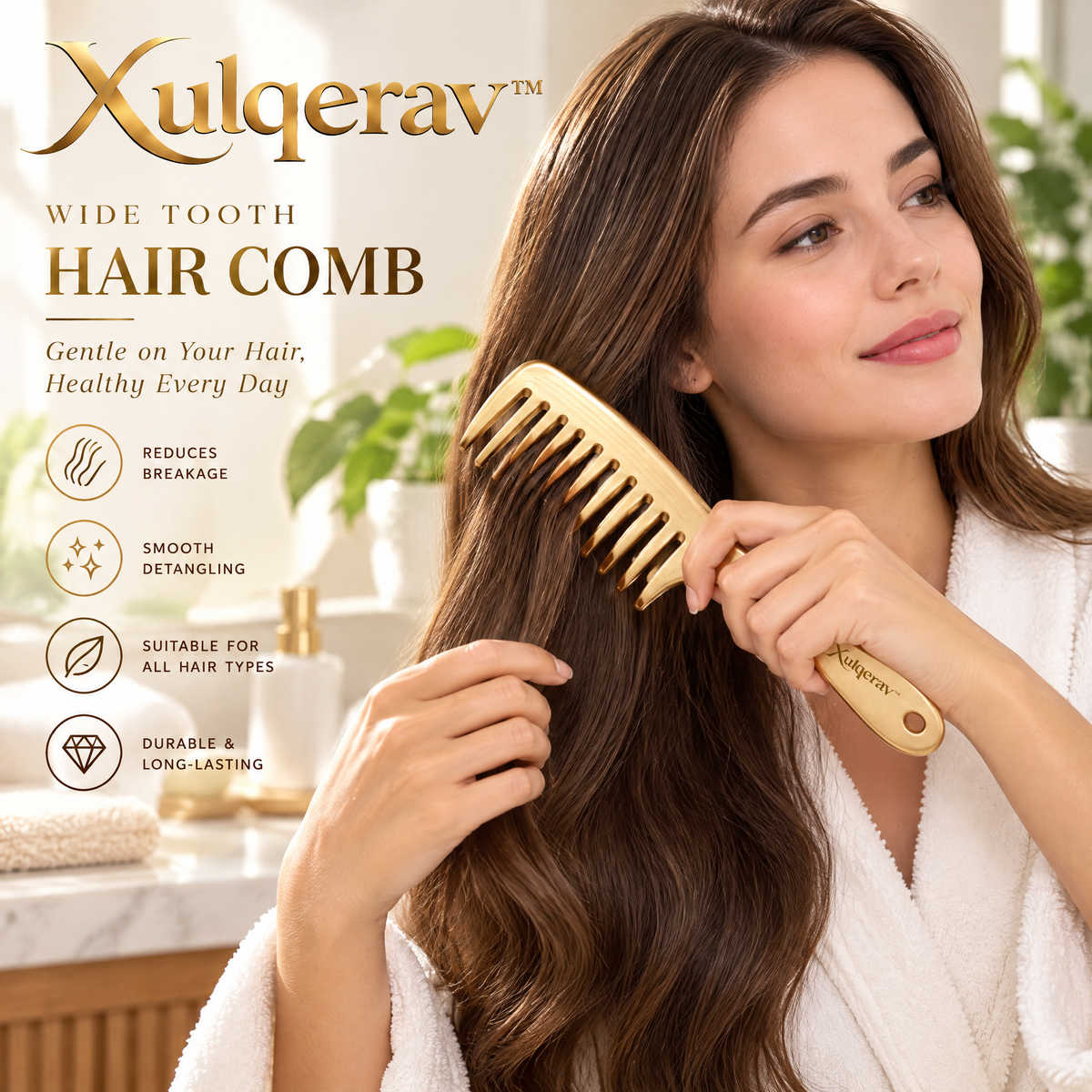 Xulqerav™ Premium Wide Tooth Hair Comb – Anti-Breakage Detangling Comb for Wet &amp; Dry Hair, Elegant Gold Finish