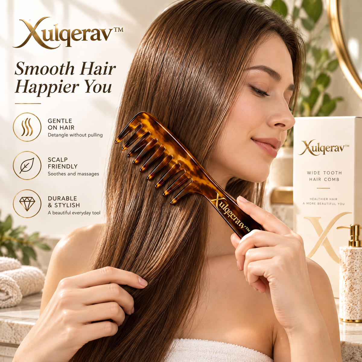 Xulqerav™ Wide Tooth Hair Comb – Tortoise Shell Detangling Comb with Ergonomic Handle for Wet &amp; Dry Hair, Anti-Breakage Styling Comb for Curly, Thick, and Wavy Hair