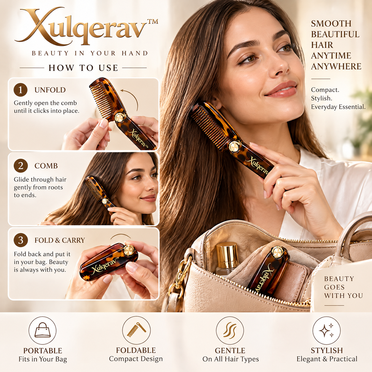 Xulqerav™ Folding Travel Hair Comb – Compact Tortoiseshell Pocket Comb with Protective Pouch &amp; Gift Box