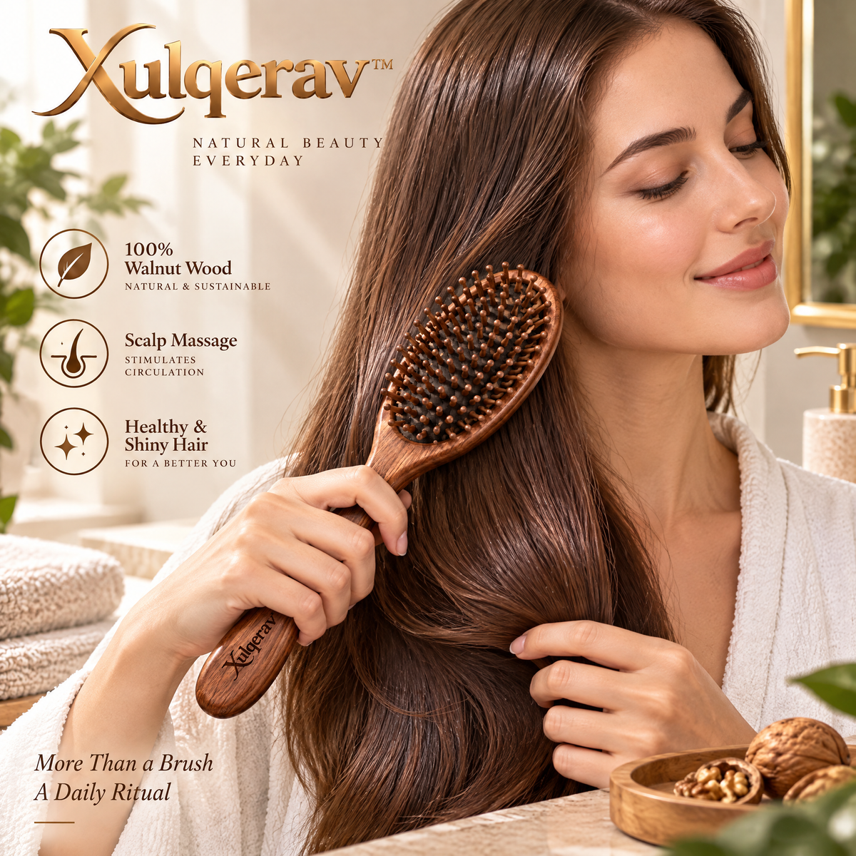 Xulqerav™ 100% Natural Walnut Wood Scalp Massage Hair Brush | Anti-Static Cushion Paddle Detangler for Healthy, Shiny Hair