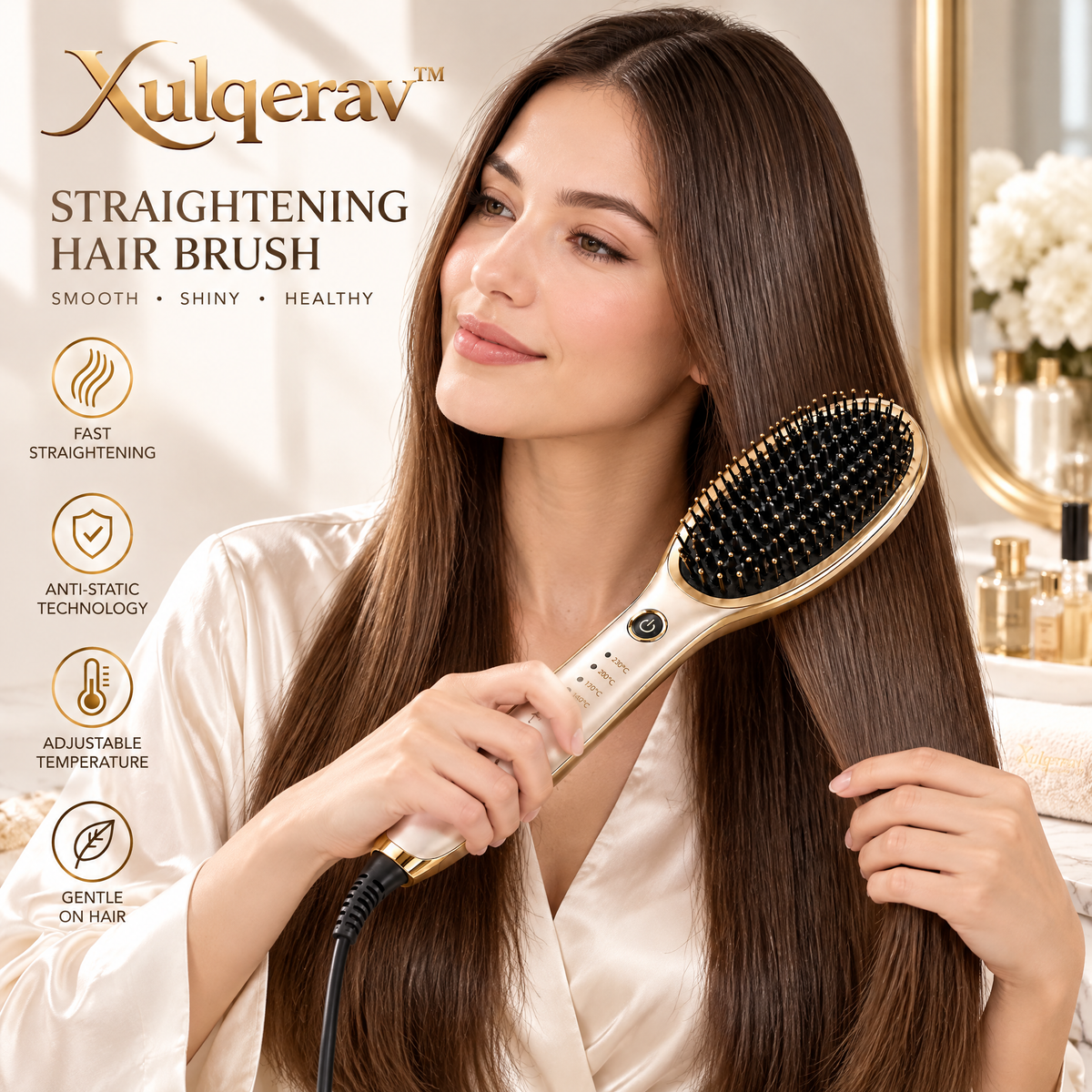 Xulqerav™ Heated Hair Straightening Brush – Fast Ceramic Heating with 4 Adjustable Temperatures &amp; Anti-Static Bristles (Champagne Gold)