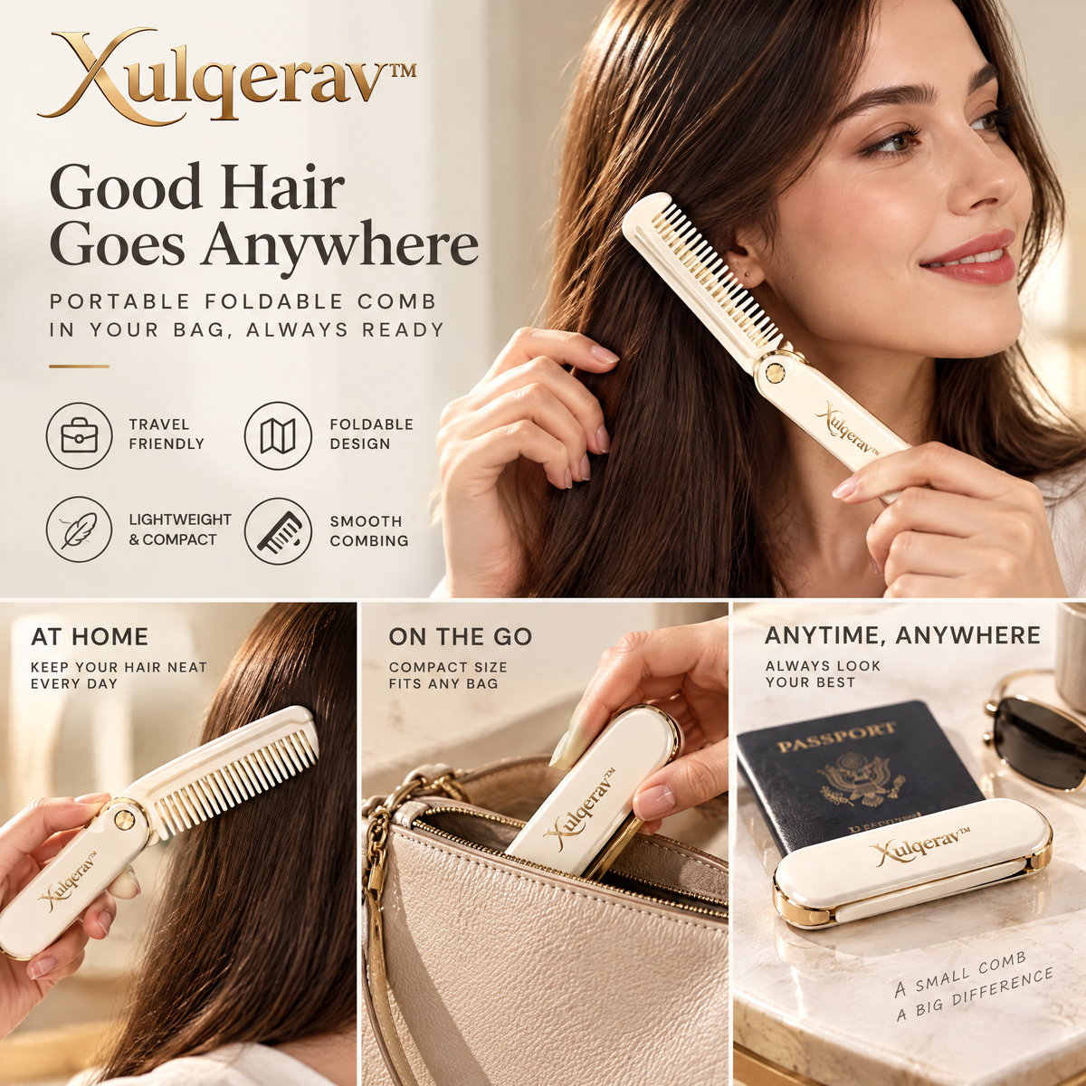 Xulqerav™ Portable Foldable Hair Comb – Luxury Pocket-Sized Folding Comb with Gold Accents for Purse, Handbag &amp; Travel