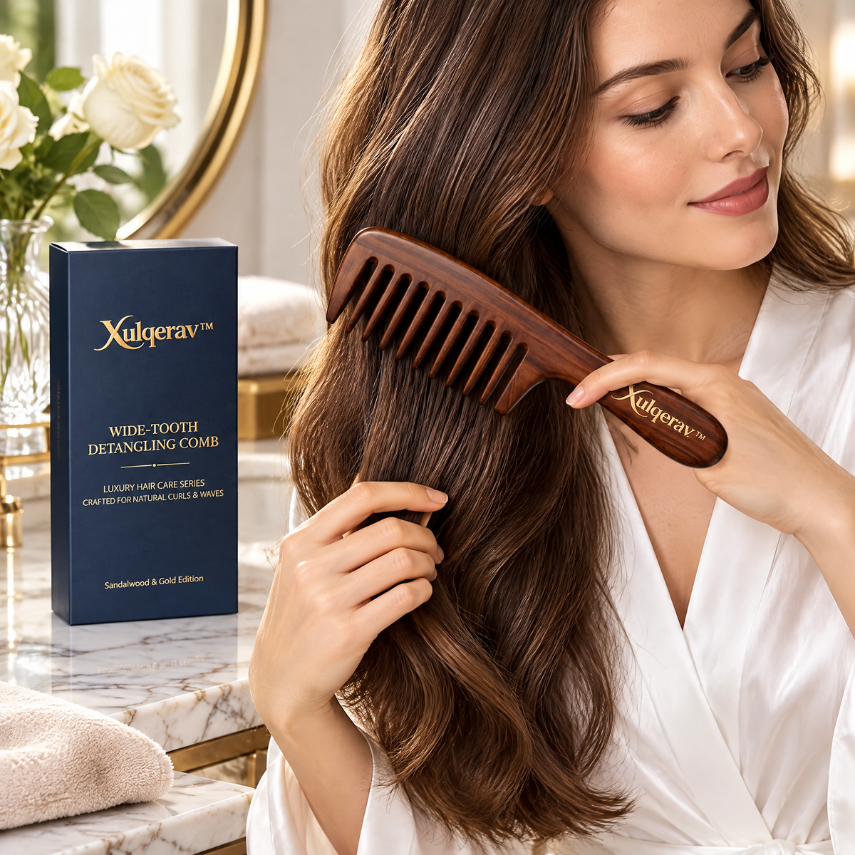 Xulqerav™ Luxury Wide-Tooth Wooden Detangling Comb – Natural Sandalwood Anti-Static Hair Comb with Premium Gift Box