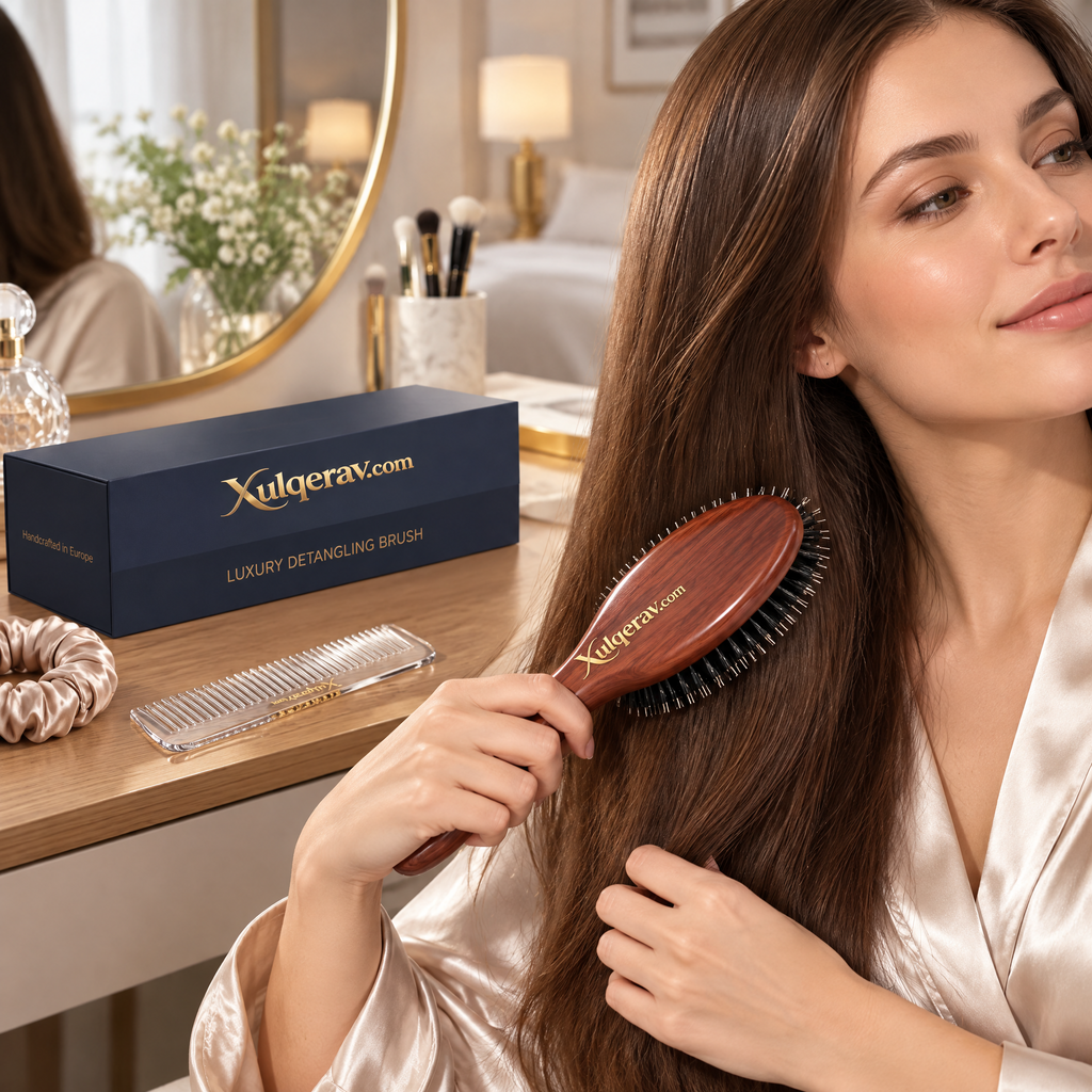 Xulqerav™ Luxury Detangling Hair Brush – Handcrafted Polished Wood Paddle Brush with Dual-Bristle System &amp; Travel Comb Gift Set