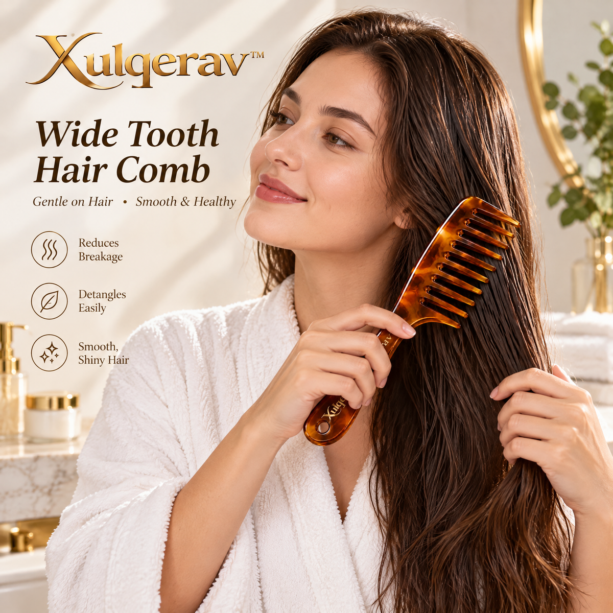 Xulqerav™ Wide Tooth Detangling Hair Comb with Handle – Tortoiseshell Anti-Breakage Styling Comb for Wet &amp; Dry, Curly, and Thick Hair