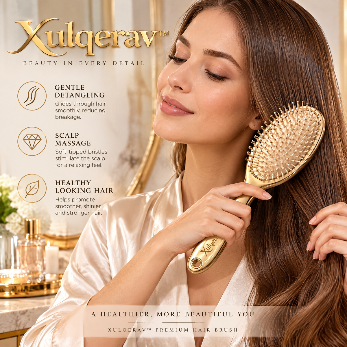 Xulqerav™ Luxury Gold Cushion Hair Brush – Gentle Detangling &amp; Scalp Massage Paddle Brush